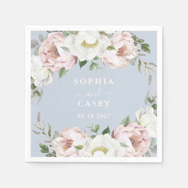 Floral Blush White Greenery Personalized Wedding Napkins (Front)