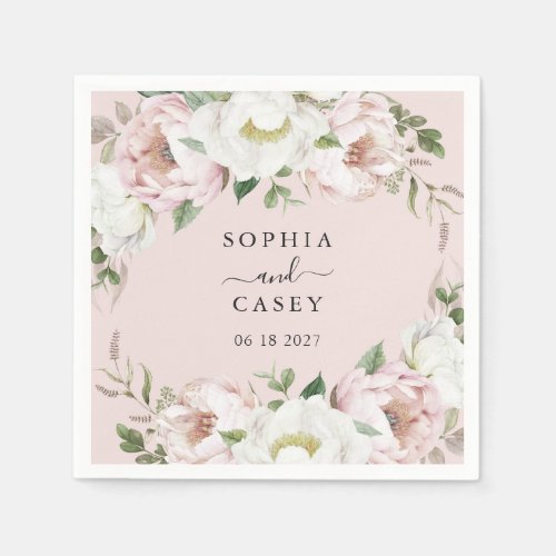 Floral Blush White Greenery Personalized Wedding Napkins