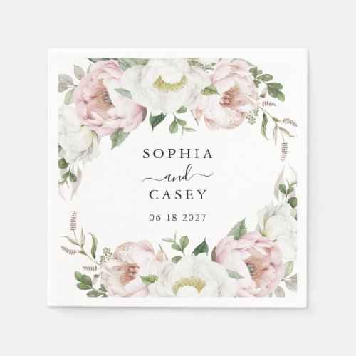 Floral Blush White Greenery Personalized Wedding Napkins