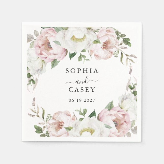 Floral Blush White Greenery Personalized Wedding Napkins (Front)