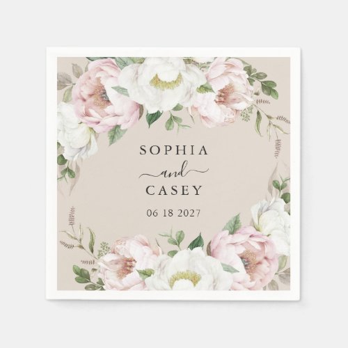 Floral Blush White Greenery Personalized Wedding Napkins