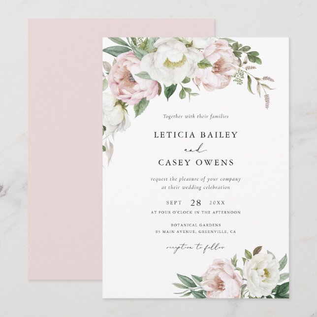 Floral Blush White Peonies Leaf Elegant Wedding Invitation (Front/Back)
