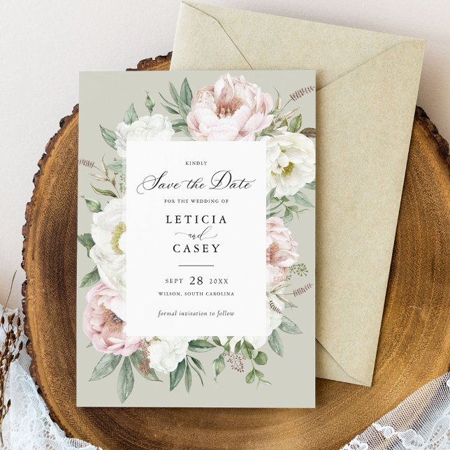Floral Blush White Peonies Wedding Save the Date Invitation (Creator Uploaded)