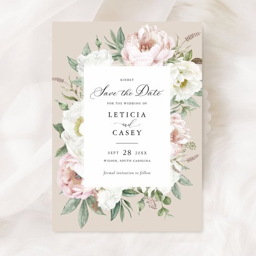 Floral Blush White Peonies Wedding Save the Date Invitation