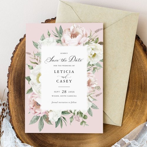 Floral Blush White Peonies Wedding Save the Date Invitation