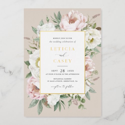 Floral Blush White Peony Elegant Gold Foil Wedding Foil Invitation