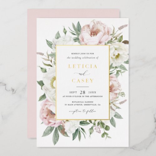 Floral Blush White Peony Elegant Gold Foil Wedding Foil Invitation