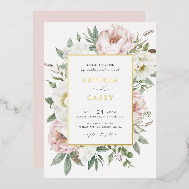 Floral Blush White Peony Elegant Gold Foil Wedding Foil Invitation (Front/Back)
