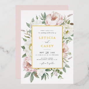 Floral Blush White Peony Elegant Gold Foil Wedding Invitation