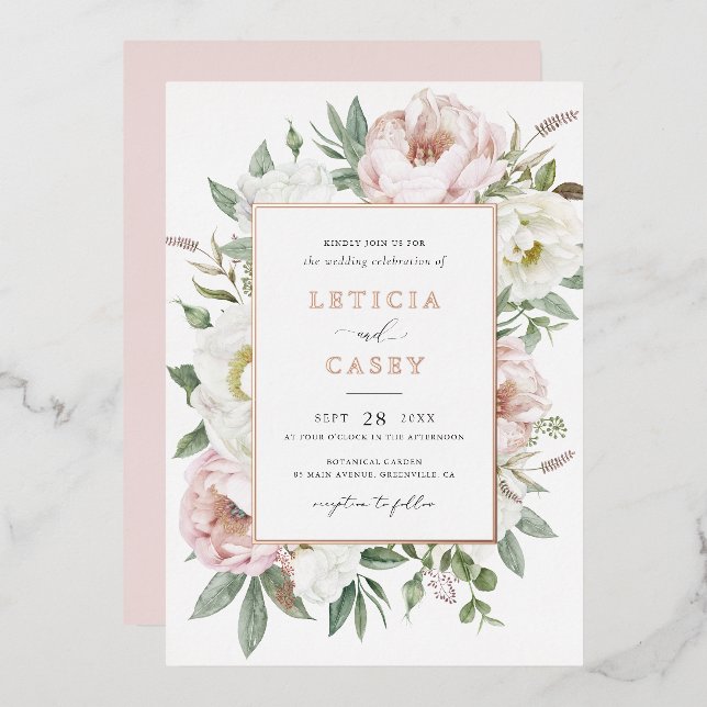 Floral Blush White Peony Elegant Rose Foil Wedding Foil Invitation (Front/Back)