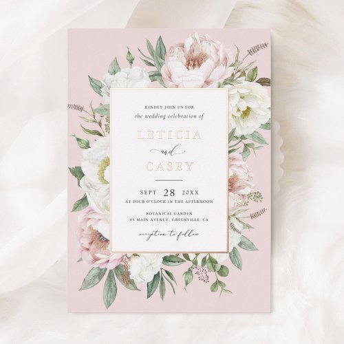 Floral Blush White Peony Elegant Rose Foil Wedding Foil Invitation