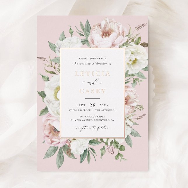 Floral Blush White Peony Elegant Rose Foil Wedding Foil Invitation (Creator Uploaded)