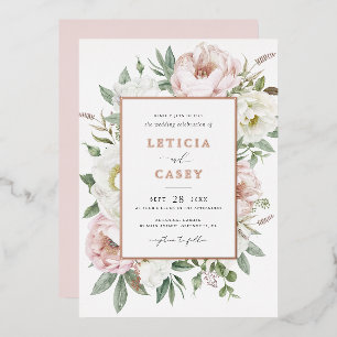 Floral Blush White Peony Elegant Rose Foil Wedding Invitation