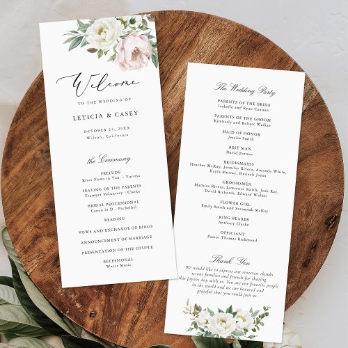 Floral Blush White Peony Elegant Wedding Program