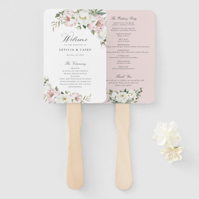 Floral Blush White Peony Elegant Wedding Program Hand Fan (Front and Back)