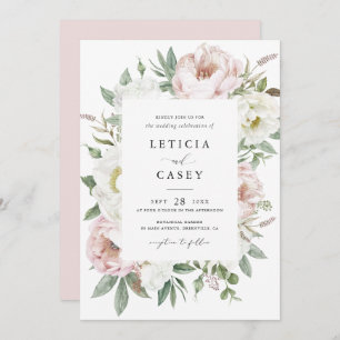 Floral Blush White Peony Frame Elegant Wedding Invitation