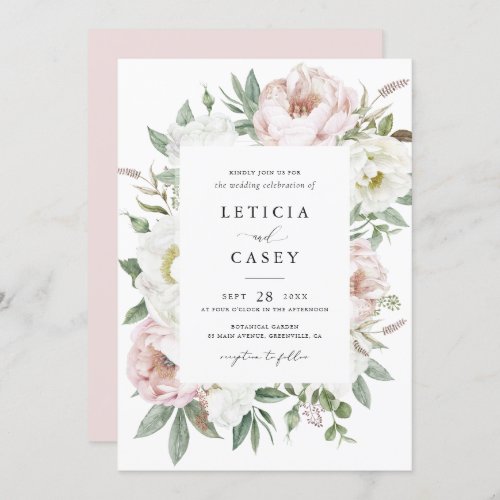 Floral Blush White Peony Frame Elegant Wedding Invitation