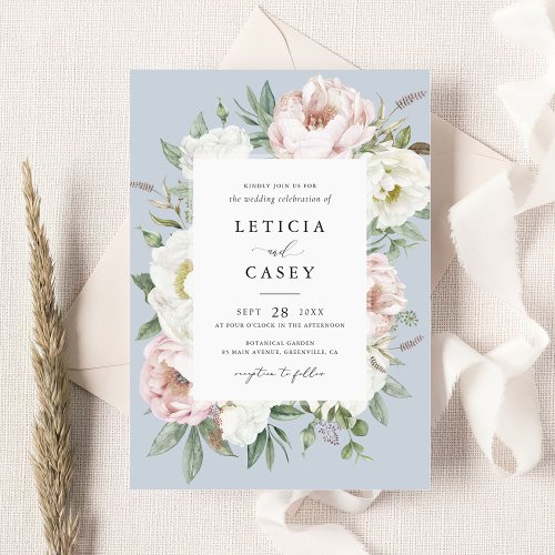 Floral Blush White Peony Frame Elegant Wedding Invitation