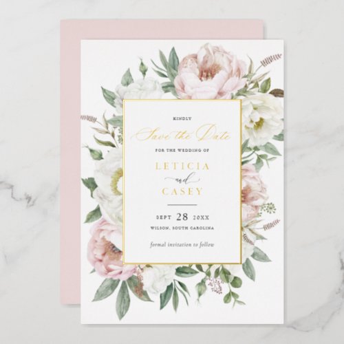 Floral Blush White Peony Gold Foil Save the Date Foil Invitation