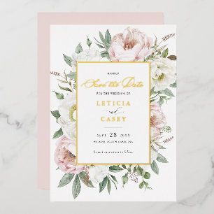 Floral Blush White Peony Gold Foil Save the Date Foil Invitation