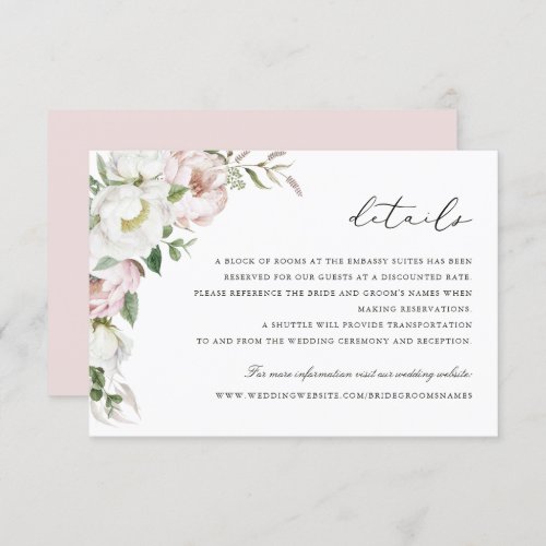 Floral Blush White Peony Greenery Details Insert Invitation