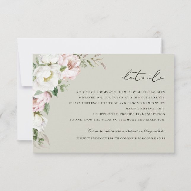 Floral Blush White Peony Greenery Details Insert Invitation (Front)