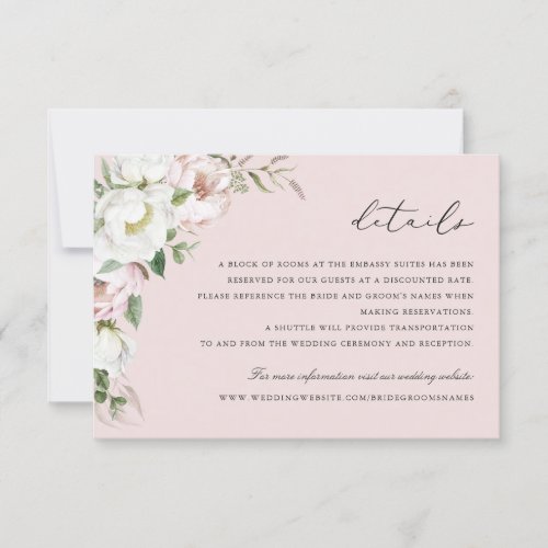 Floral Blush White Peony Greenery Details Insert Invitation