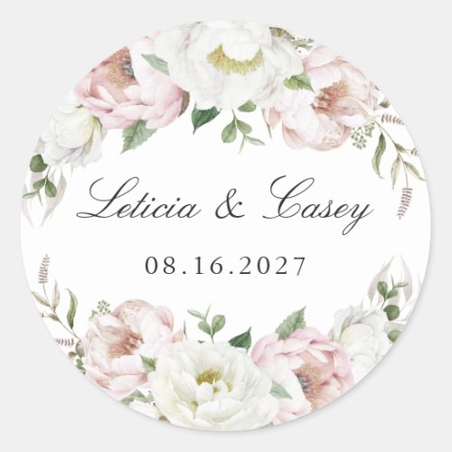 Floral Blush White Peony Greenery Wedding Classic Round Sticker