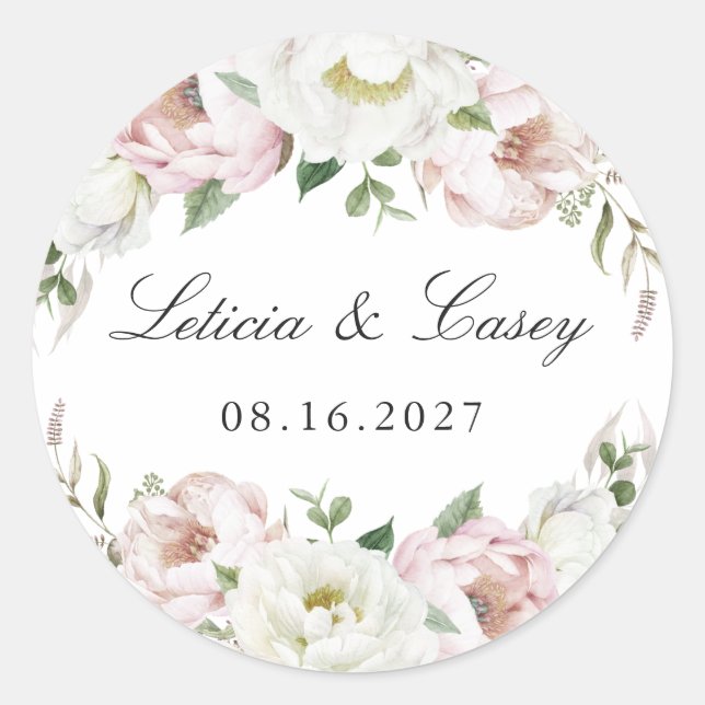 Floral Blush White Peony Greenery Wedding Classic Round Sticker (Front)