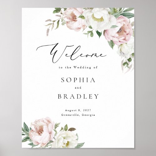 Floral Blush White Peony Leaf Wedding Welcome Sign
