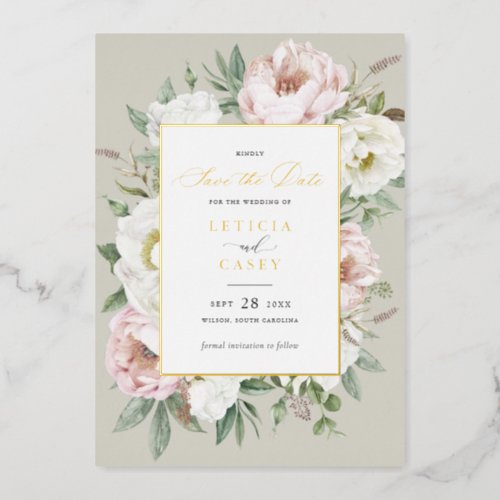 Floral Blush White Peony Rose Foil Save the Date Foil Invitation