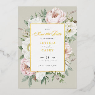 Floral Blush White Peony Rose Foil Save the Date Foil Invitation