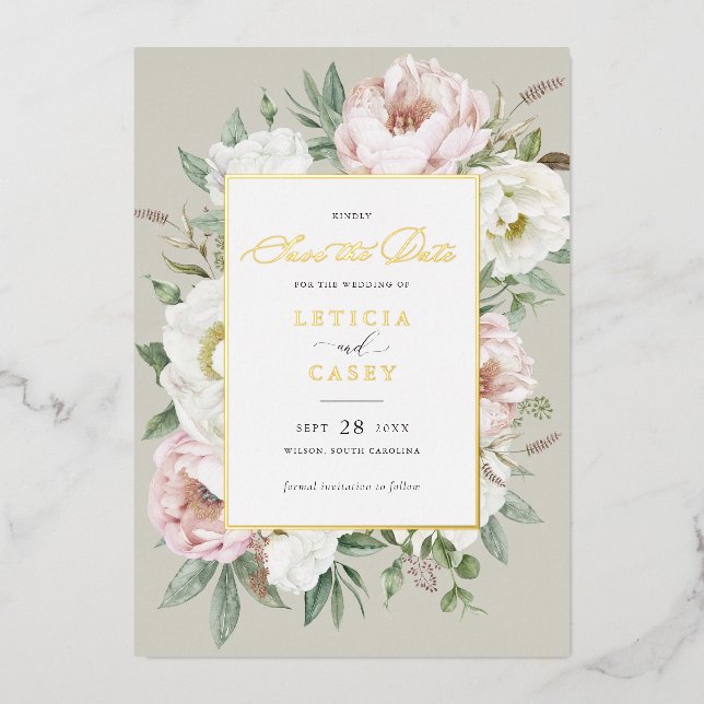 Floral Blush White Peony Rose Foil Save the Date Invitation (Front)