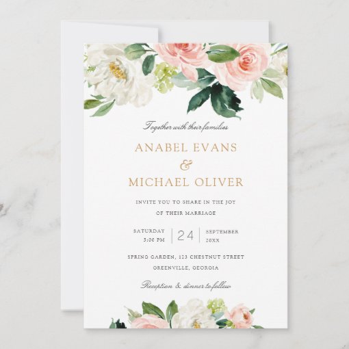 Floral Blush White Romantic Greenery Wedding Invitation | Zazzle