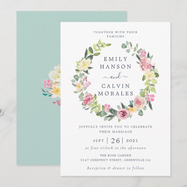 Floral Blush Yellow Greenery Leaf Elegant Wreath Invitation (Front/Back)