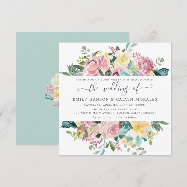Floral Blush Yellow Watercolor Elegant Wedding Invitation (Front/Back)