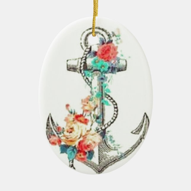 Floral Boat Anchor Ceramic Ornament (Front)