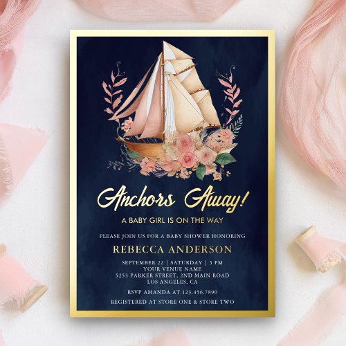 Floral Boat Nautical Girl Baby Shower Navy Gold Foil Invitation