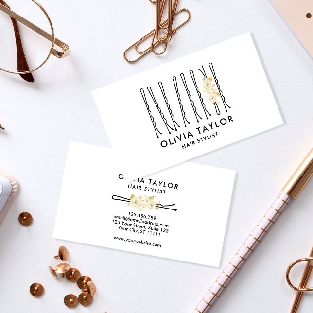 Floral Bobby Pins Hair Stylist Hair Salon Business Card (Creator Uploaded)