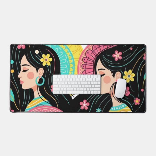 Floral Bohemian Women Illustration Art Print  Desk Mat