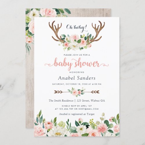 Floral Boho Antler Blush Chic Arrows Baby Shower Invitation
