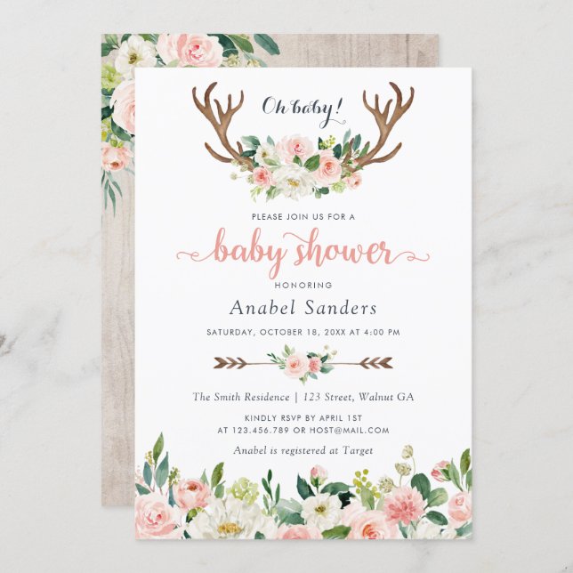 Floral Boho Antler Blush Chic Arrows Baby Shower Invitation (Front/Back)