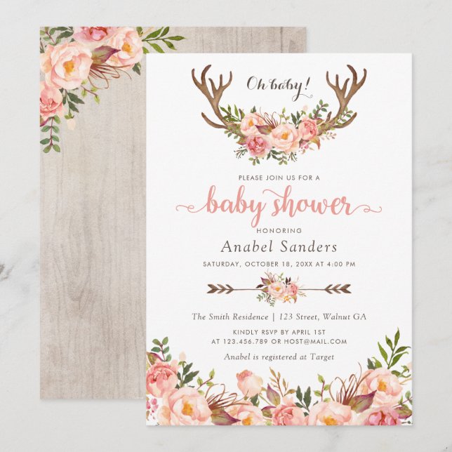 Floral Boho Antler Blush Chic Arrows Baby Shower Invitation (Front/Back)