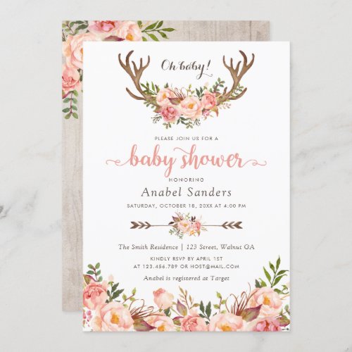 Floral Boho Antler Blush Chic Arrows Baby Shower Invitation