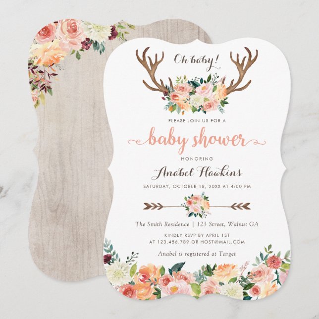 Floral Boho Antler Blush Peach Arrows Baby Invitation (Front/Back)