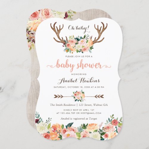 Floral Boho Antler Blush Peach Arrows Baby Invitation