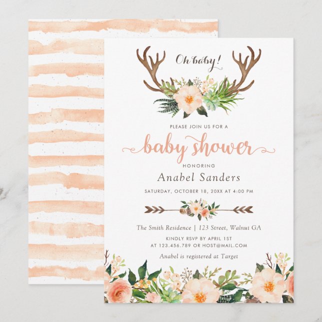 Floral Boho Antler Cactus Succulents Baby Shower Invitation (Front/Back)