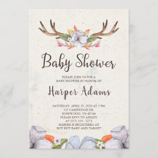 Floral Boho Antlers Baby Shower Invitation