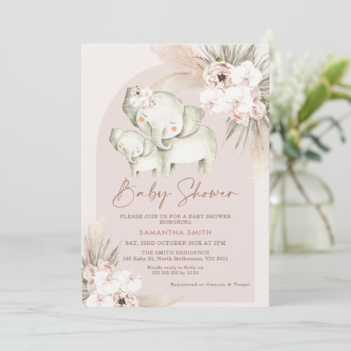 Floral Boho Arch Elephant Calf Baby Shower Invitation