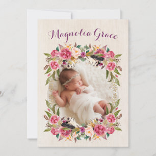 Floral Boho Baby Girl Birth Announcement Cards